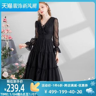 艾丽丝黑色法式复古连衣裙，2023秋季蕾丝长袖修身中长款公主裙