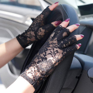 精致五指开车防晒防紫外线，夏露指网纱黑色，半指蕾丝手套女薄款高级