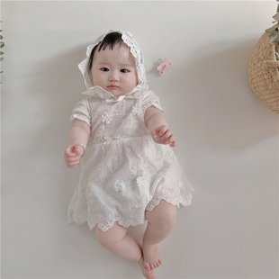 2021夏季韩国婴儿连体哈衣裙女宝宝可爱花边哈裙三角包屁爬服带帽
