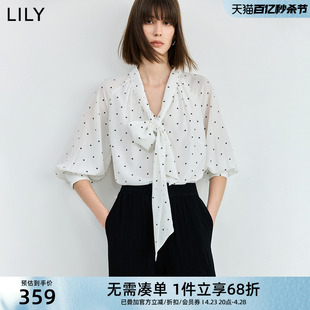 lily2024夏女装(夏女装)气质，优雅印花通勤温柔七分袖，灯笼袖衬衫雪纺衫