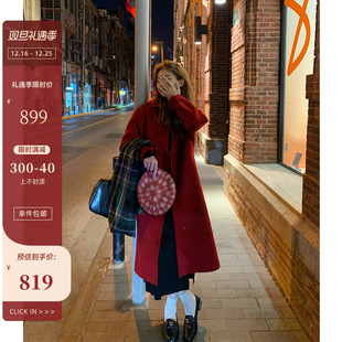BingDaily红色双面羊绒大衣女冬季韩系小个子中长款绵羊毛呢外套