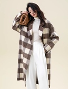 品牌高端手工纯羊绒双面羊毛，呢子大衣复古格子中长外套女气质休闲