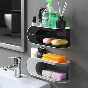 肥皂盒免打孔卫生间，双层吸盘置物架壁挂式创意，沥水家用浴室香皂盒