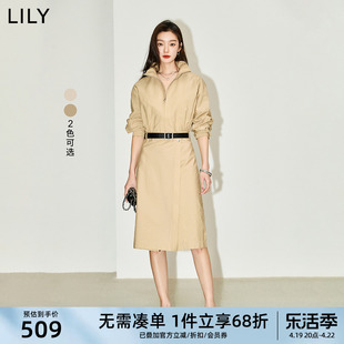 LILY2024夏女装时尚都市通勤款纯色显瘦长款高腰风衣式连衣裙