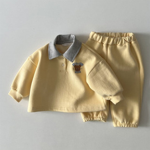 韩版秋冬婴幼童装时尚休闲小熊，加厚套装宝宝翻领卫衣束脚裤两件套