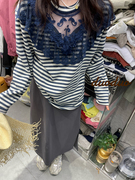 duoduo蕾丝刺绣，拼接条纹宽松长袖t恤