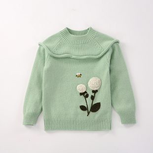 儿童山羊绒羊绒衫女童宝宝浅绿色小花朵羊毛衫半高领套头毛线衣