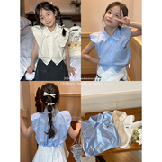 咸蛋虾米韩国夏装女童泡泡袖衬衣儿童白色短袖衬衫刺绣蝴蝶结上衣