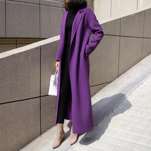 赫本风长款双面羊绒紫色，呢子大衣女，2023秋冬高端宽松显瘦毛呢外套