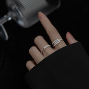 S925纯银镶钻交叉戒指女多层时尚气质轻奢简约线条个性小众食指环
