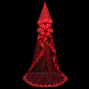 玛丽苏*中式复古新娘红色头纱红盖头蕾丝边刺绣长款拖尾3米
