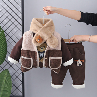 儿童男童冬季棉服套装男孩冬装1一2-3周岁，宝宝加绒加厚卫衣三件套