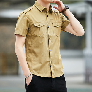 夏季男式纯棉短袖衬衫男士韩版修身青年男装衬衣军旅风潮