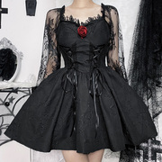 万圣节服装lolita蔷薇公主裙，复古黑色蕾丝连衣裙，女绑带显瘦蓬蓬裙