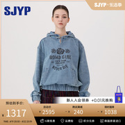 sjyp韩国小众设计外套2023冬季水洗，牛仔宽松连帽玫瑰印花卫衣
