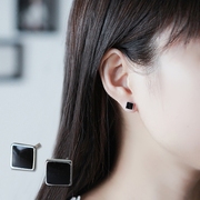 s925纯银黑色方块方形耳钉耳饰，日韩个性简单防过敏高级感银饰男女