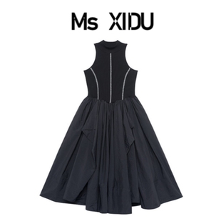 Ms XIDU黑色气质收腰a字无袖连衣裙设计感时髦半高领大裙摆中长裙