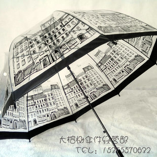 拱形公主可爱长柄伞，创意蘑菇建筑图案，透明晴雨伞加大加固韩国