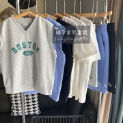110-160码韩版童装夏男女童字母马甲短裤短袖T恤学院运动三件套装