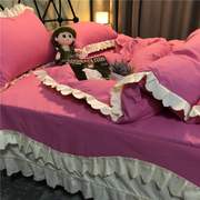 高档高档ins博主同款复古玫瑰，粉色水洗棉百褶花边床裙式床单被套