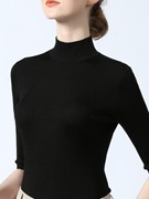 冰丝针织衫女短袖修身夏季立领线衣半高领，紧身黑色半袖上衣打底衫