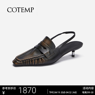 COTEMP V Loafer黑色擦棕牛皮乐福鞋平底通勤凉鞋复古绑带小猫跟