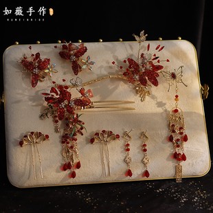 新娘中式结婚头饰金红色手工花朵流苏发簪古典古装饰品秀禾服发饰