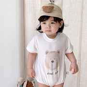 韩版夏装婴儿包屁衣长袖男女宝宝三角哈衣夏季爬服简约小熊哈衣