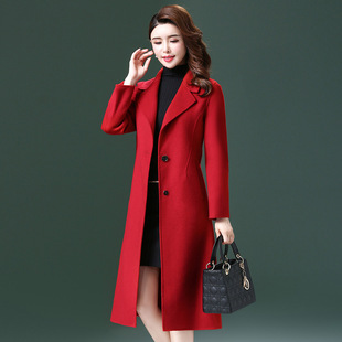 高端品质双面羊绒大衣女，中长款秋冬中年女士，大红色双面羊毛呢外套