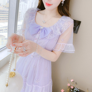 网纱刺绣紫色哺乳连衣裙，夏季2023产后哺衣外出满月宴会礼服长裙