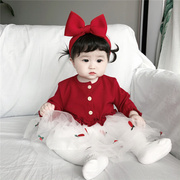 春秋装女童婴幼儿公主裙，周岁礼服韩版红色，女宝宝新年连衣裙加绒