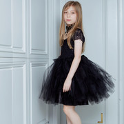 女童黑色纯色连衣裙公主高端礼服宝宝短袖儿童钢琴演出服装a字裙