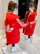 女童红色羽绒服中长款2021洋气本命年韩版儿童过膝棉服外套冬