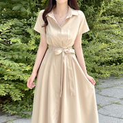 法式气质衬衫式连衣裙女夏季简约高级感系带，收腰显瘦短袖长裙子