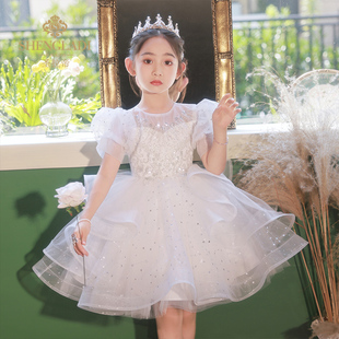 儿童礼服公主裙花童婚礼，小女孩春季白色婚纱，钢琴主持人演出服女童
