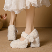 高级感白色厚底毛毛高跟鞋粗跟外穿2023冬加绒法式玛丽珍单鞋