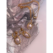 欧美镀金珍珠款项链耳环套装优雅KS简约高级感耳钉耳饰锁骨链