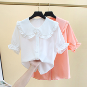 雪纺衬衫女短袖夏季学生韩版宽松大码白色雪纺衫娃娃领上衣