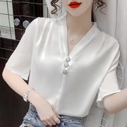 白色v领雪纺衬衫女装夏装，2023年洋气减龄小衫短袖薄款上衣服