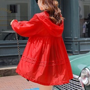 春夏季大红色防晒衣女长p袖，风衣中长款23百搭薄款外套ins仙气