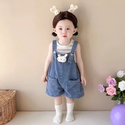 婴儿衣服夏季韩版超萌可爱兔子，牛仔背带裤分体，套装一岁女宝宝童装