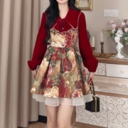 法式赫本风红色套装裙复古丝绒上衣提花半身裙秋冬新年连衣裙战袍