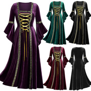 复古中世纪欧洲宫廷长裙女士，哥特式朋克风，长袖绑带金丝绒连衣裙