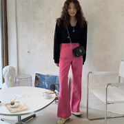 韩国东大门2024春季玫粉色灯芯绒，条绒裤直筒，高腰微喇休闲裤女