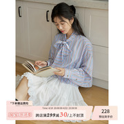 猫酱紫条纹衬衫女春日白衬衫法式设计感蝴蝶结长袖宽松上衣
