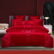 婚庆床品被套四件套大红色全纯棉绣花约婚房床单结新婚被罩4件