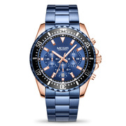 大表盘蓝色计时钢带士手表，石英腕表2064男美格尔megir商务日历