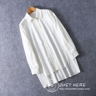 日本原单2023秋季女式简约白色宽松长袖上衣日系外贸中长款衬衫