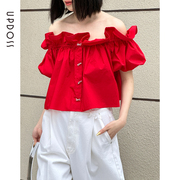 ODTD设计师品牌红色泡泡袖鱼骨花边一字肩褶皱短款小上衣女