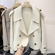 韩国双面绒保暖短外套，女2023年冬季显瘦纯色，大翻领双排扣上衣
